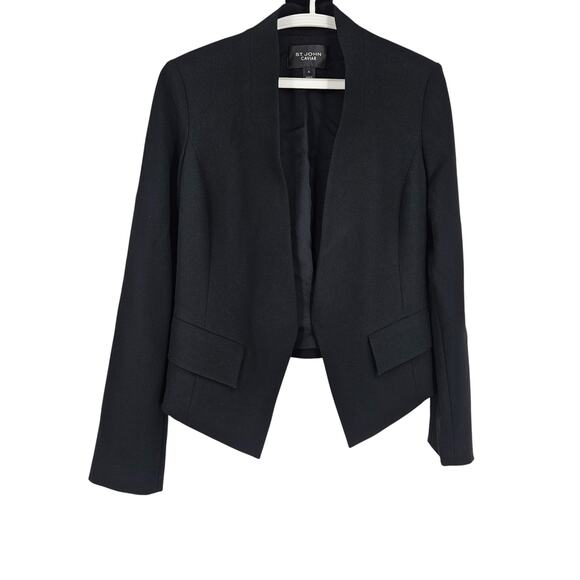 St. John Caviar Blazer Jacket Black Open Front Long Sleeve Pockets Lined Size 8 - Picture 1 of 6